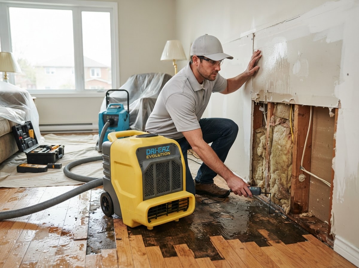 Water damage cleanup with extraction equipment in a residential room