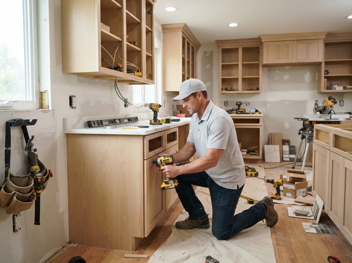 Active kitchen remodel with cabinetry and countertop installation in progress