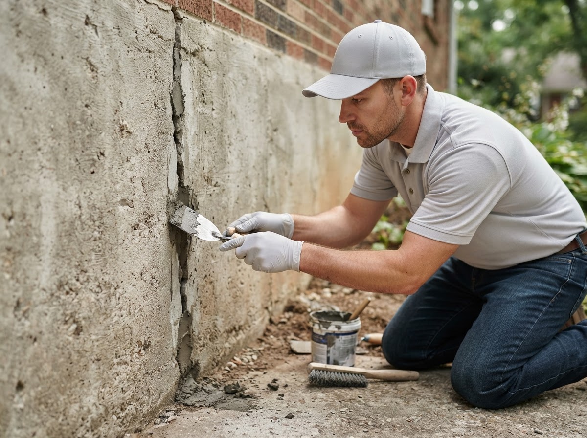 Foundation crack being assessed and repaired with concrete patching
