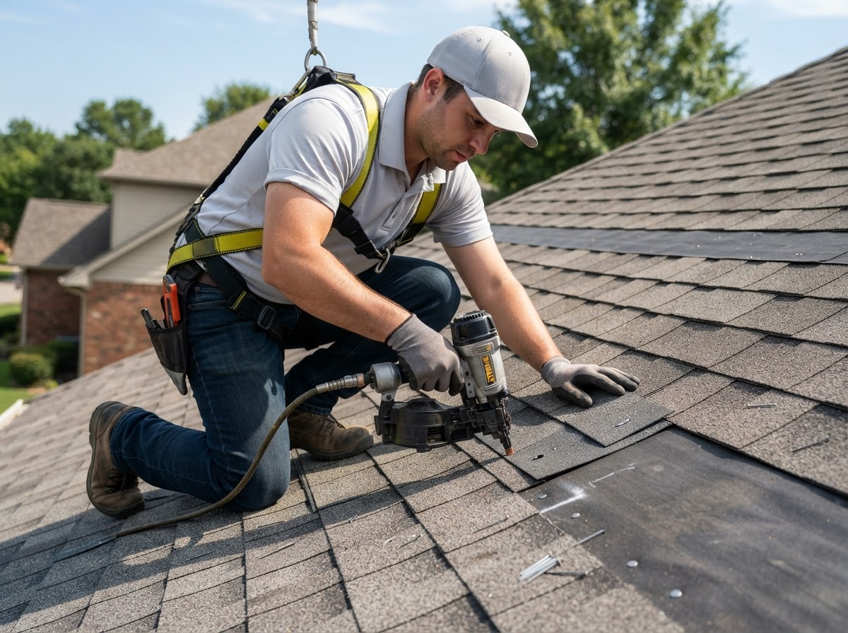 Roofing technician installing replacement shingles on a residential roof