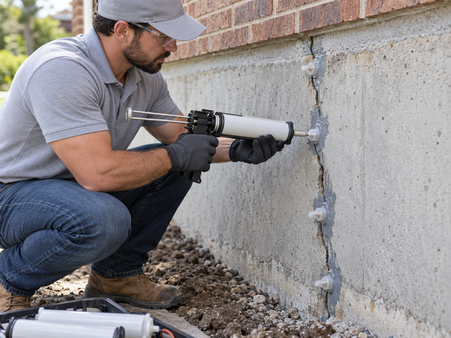 Technician injecting epoxy structural repair compound into concrete foundation crack
