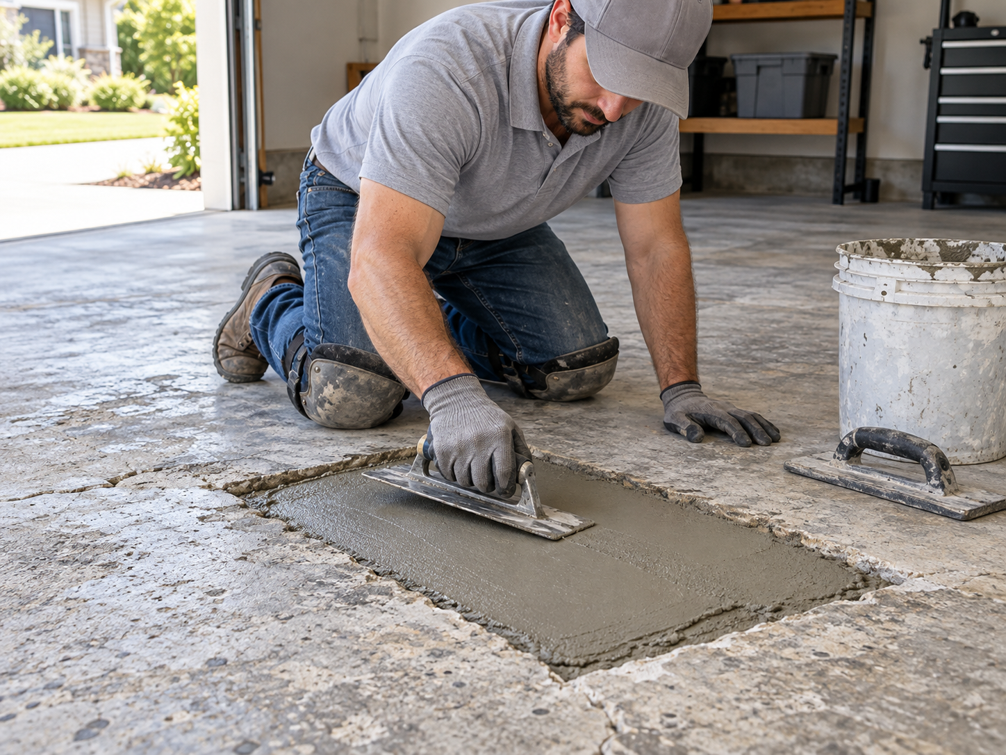 Technician troweling freshly poured repair mortar over damaged garage slab section