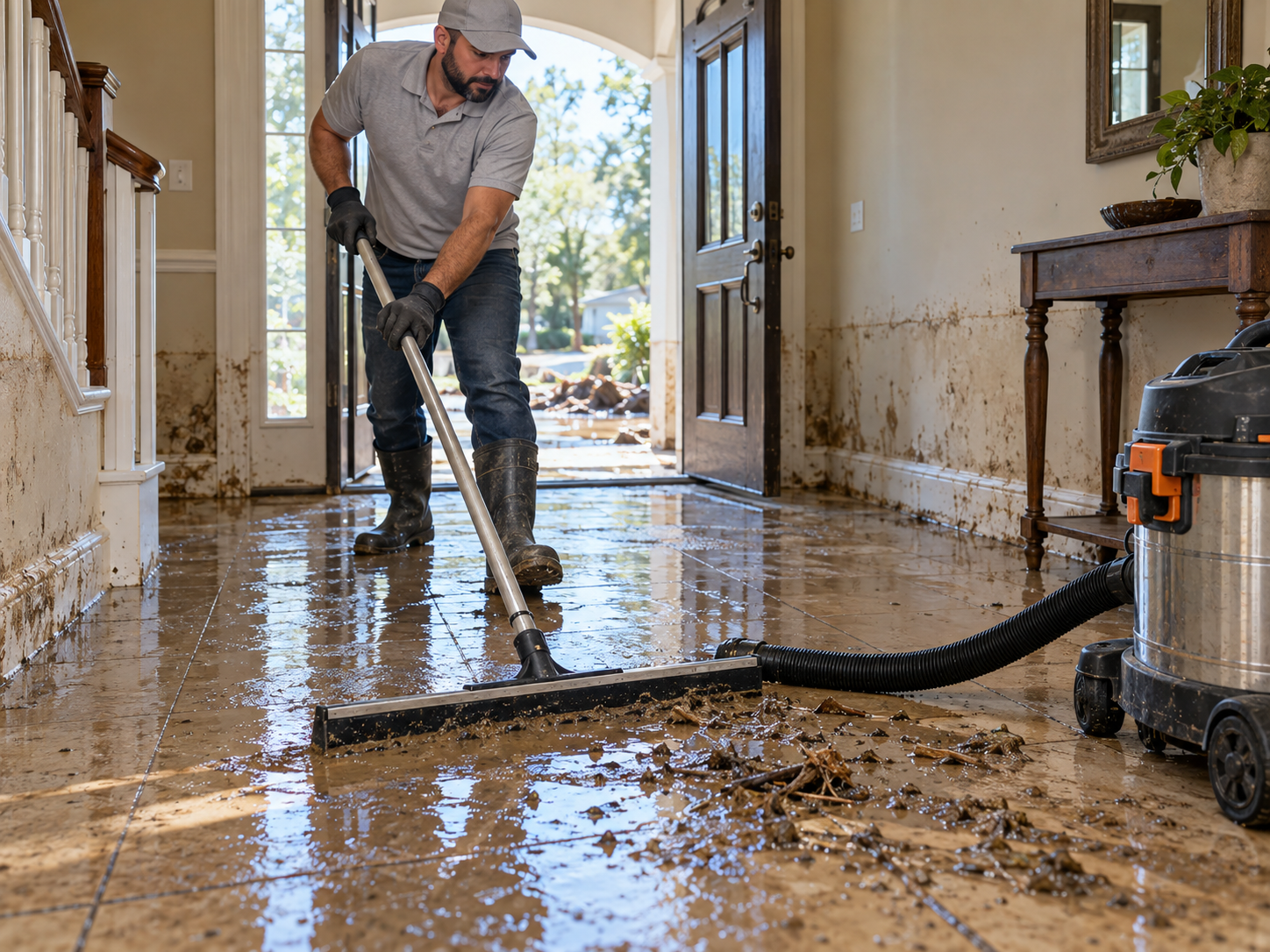 Technician squeegeeing flood water and debris across a residential floor