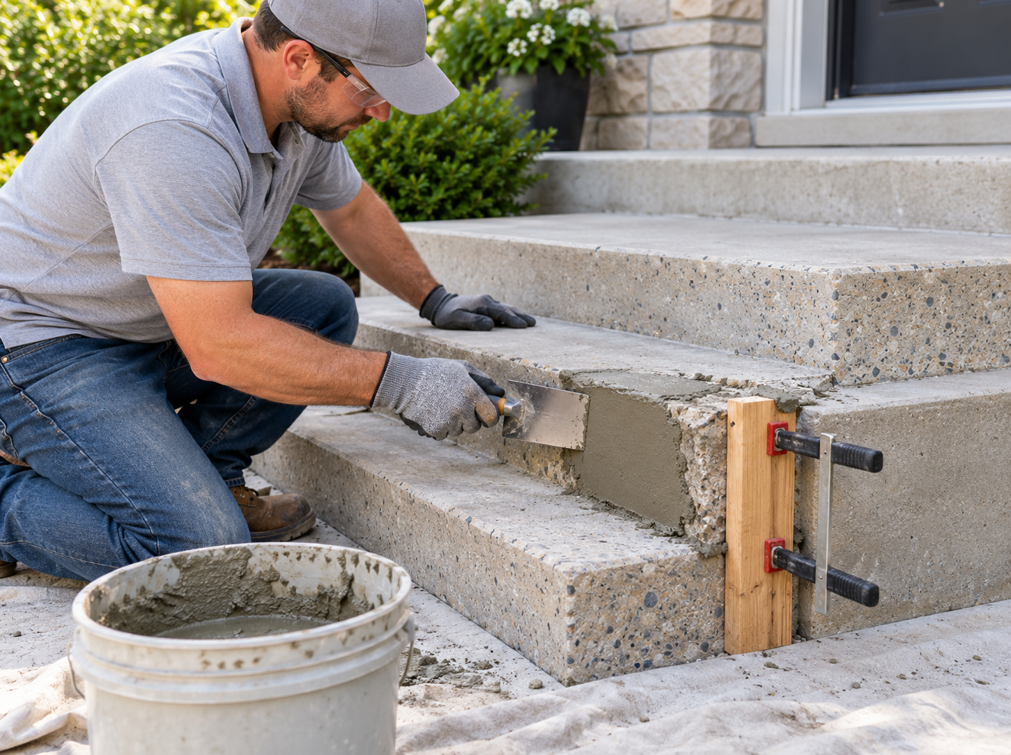 Technician repairing damaged concrete front entryway steps with clamp forms and troweled mortar