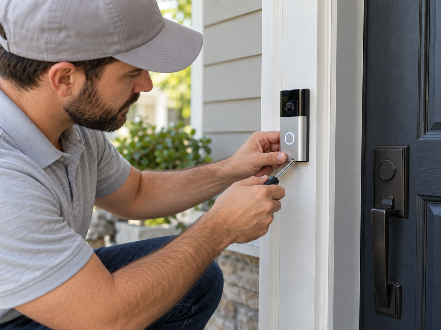 Technician mounting a smart video doorbell beside a residential front door