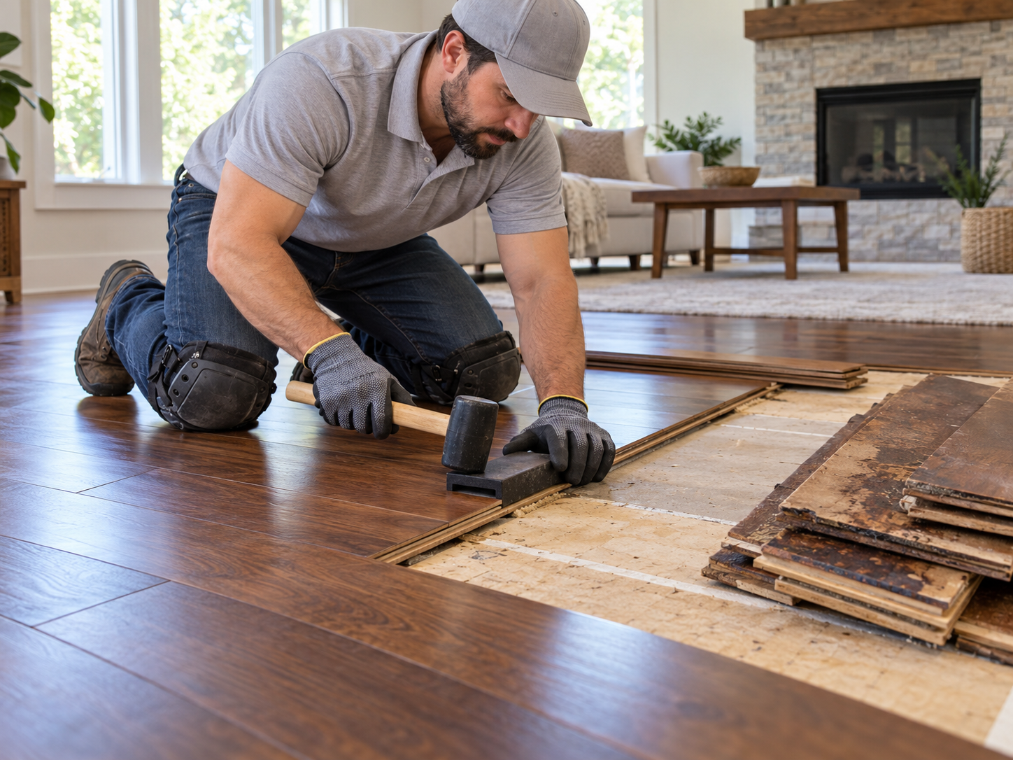 Technician installing replacement wood-plank flooring after water damage cleanup