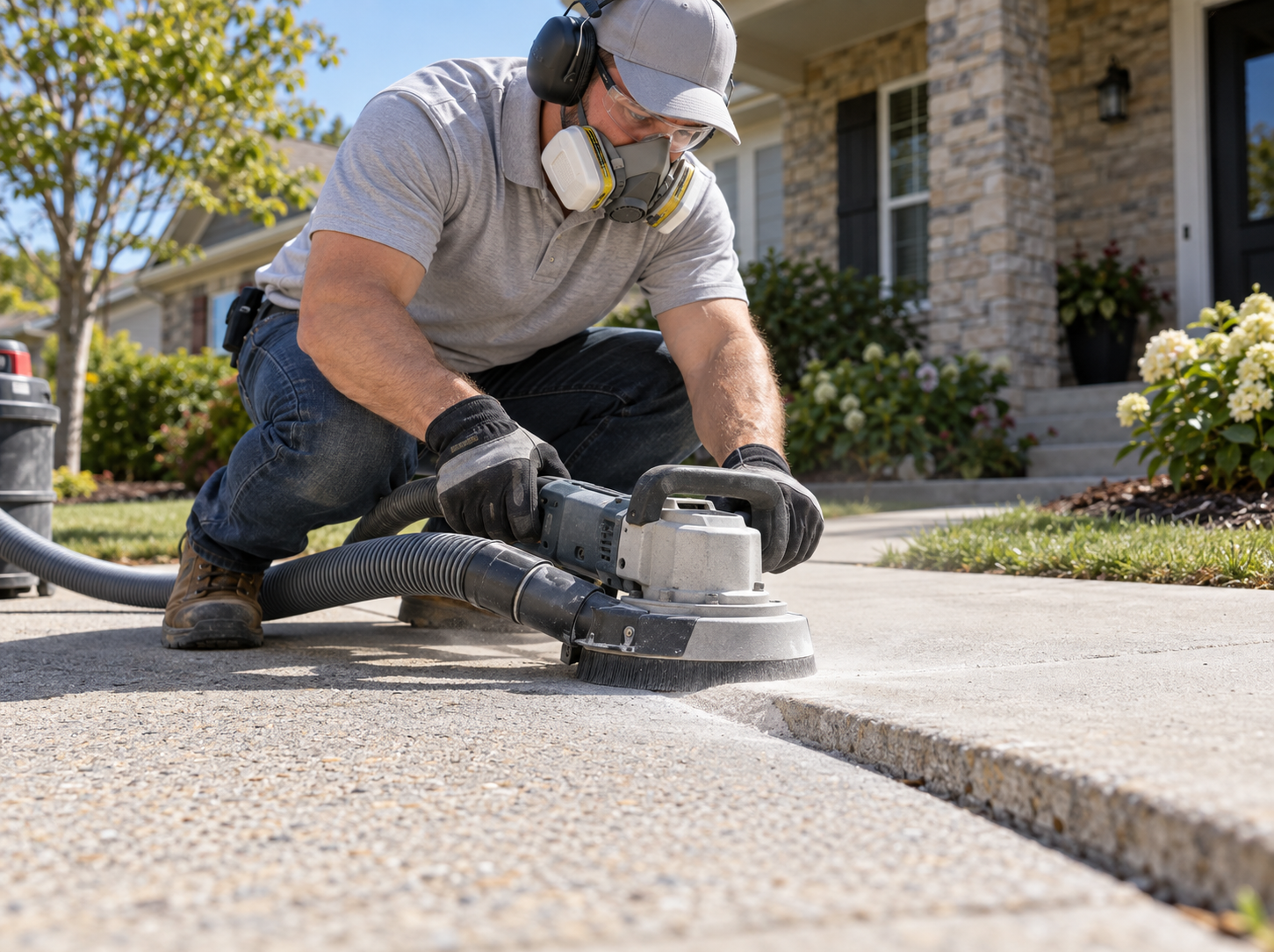 Technician operating concrete edge grinder with vacuum dust shroud along uneven slab joint