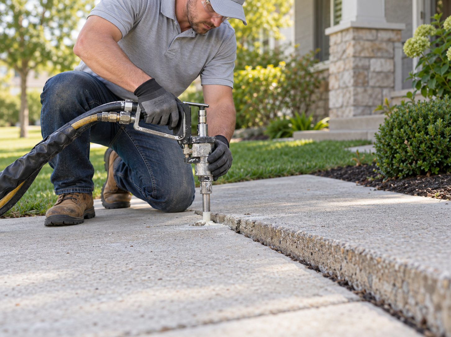 Technician injecting polyurethane expanding foam to lift sunken walkway slab