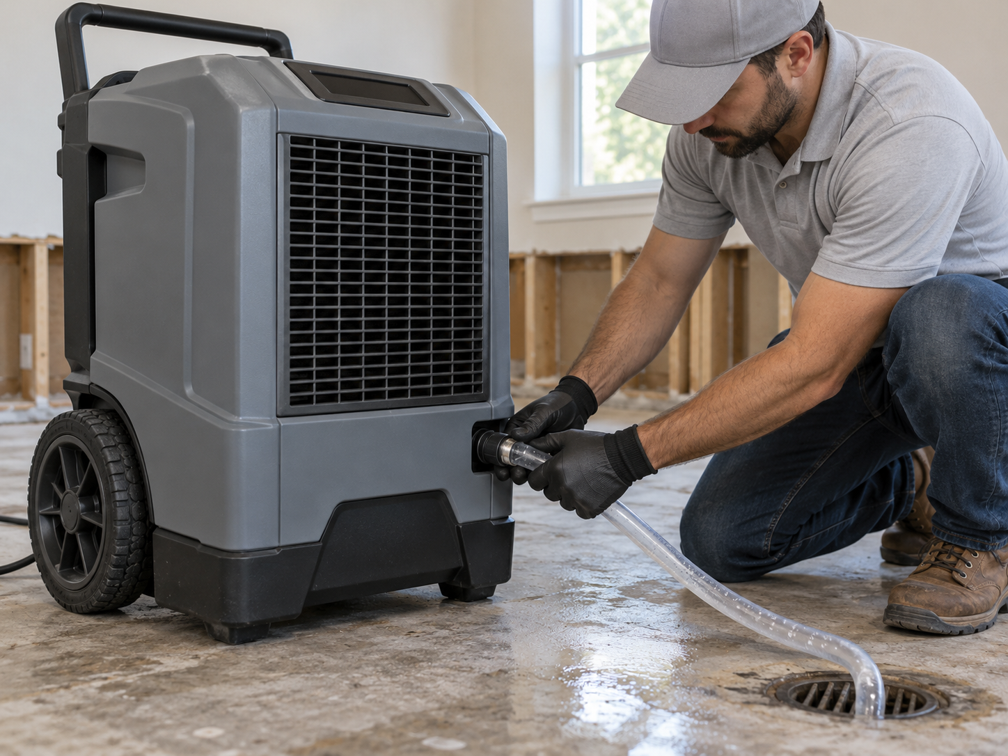 Technician connecting drainage line on a commercial dehumidification unit