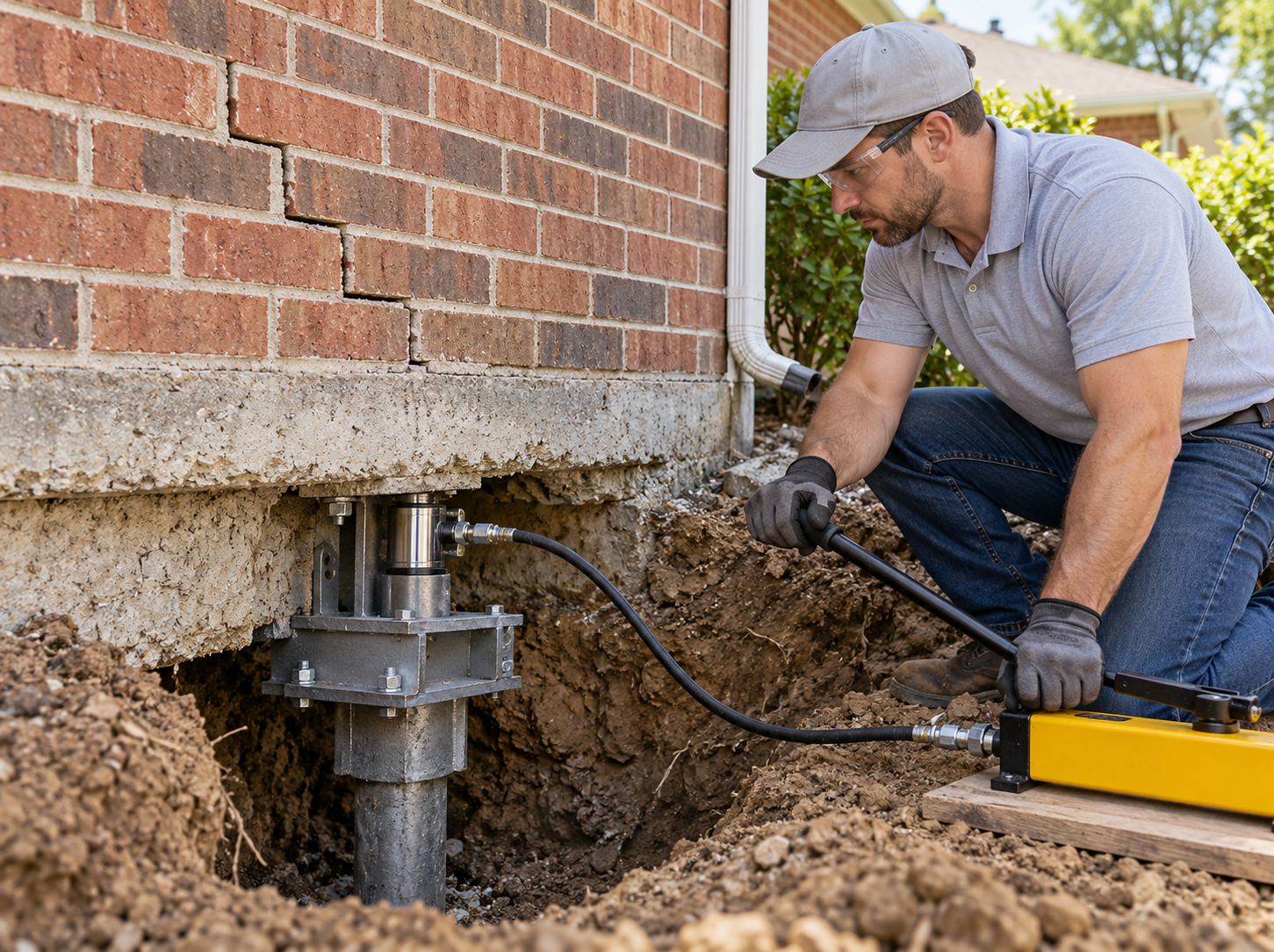 Technician operating hydraulic lifting jack assembly beneath settled residential foundation