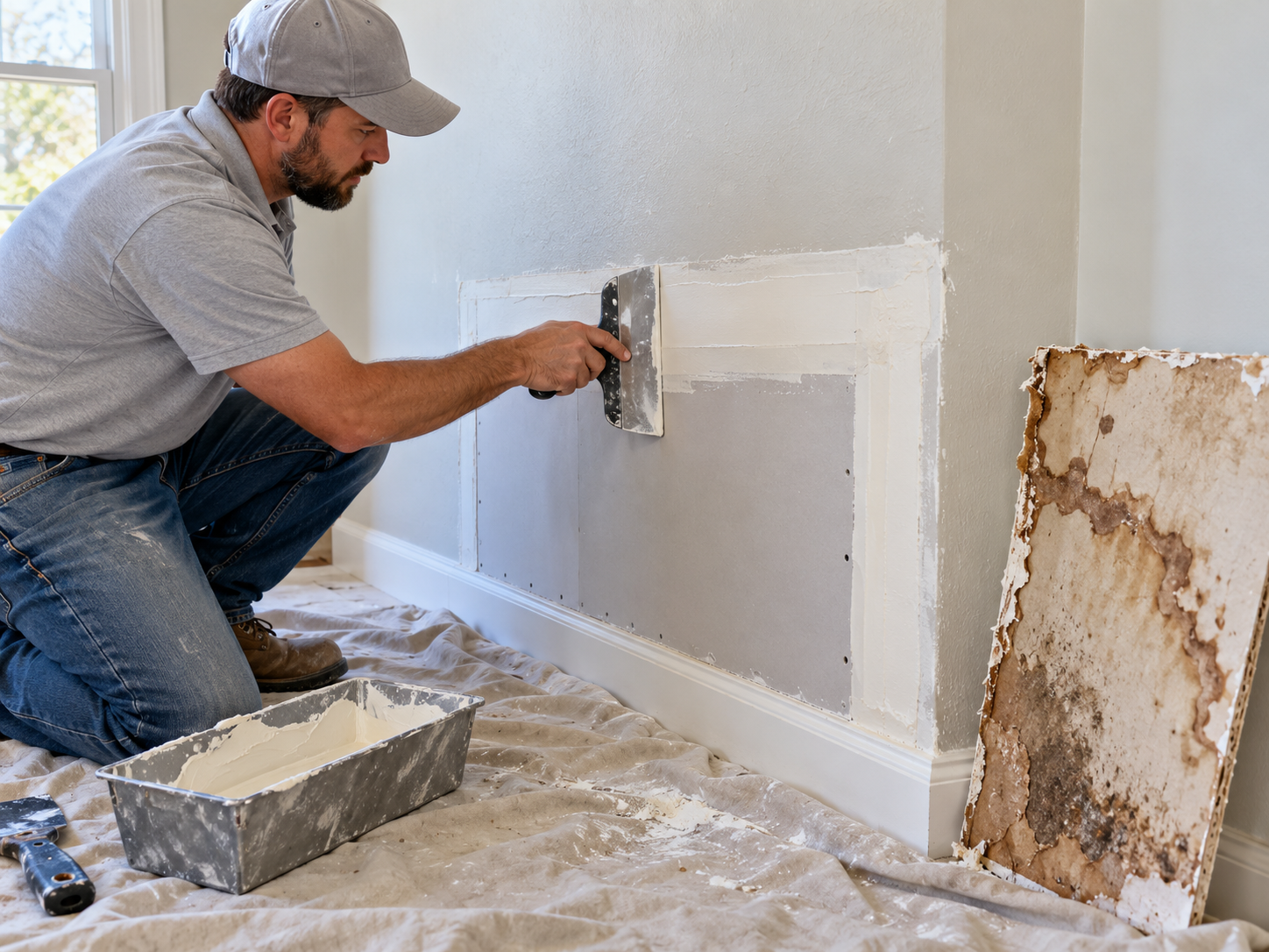 Technician repairing water-damaged drywall along a lower residential wall