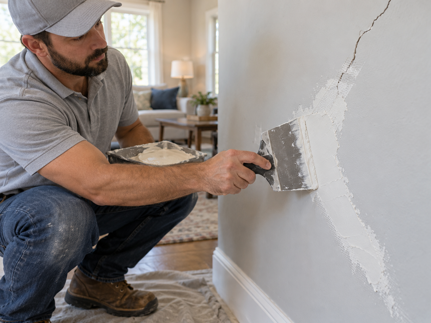 Technician applying drywall compound and tape to repair a wall crack