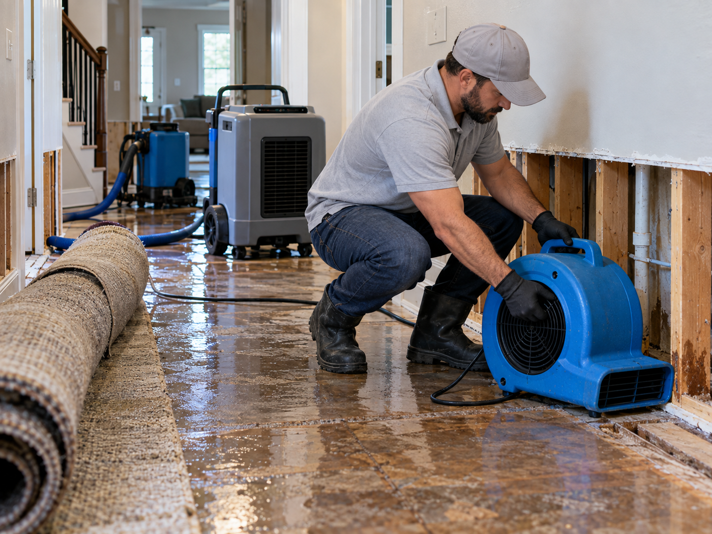 Technician setting high-velocity air movers and drying equipment along flooded hallway walls