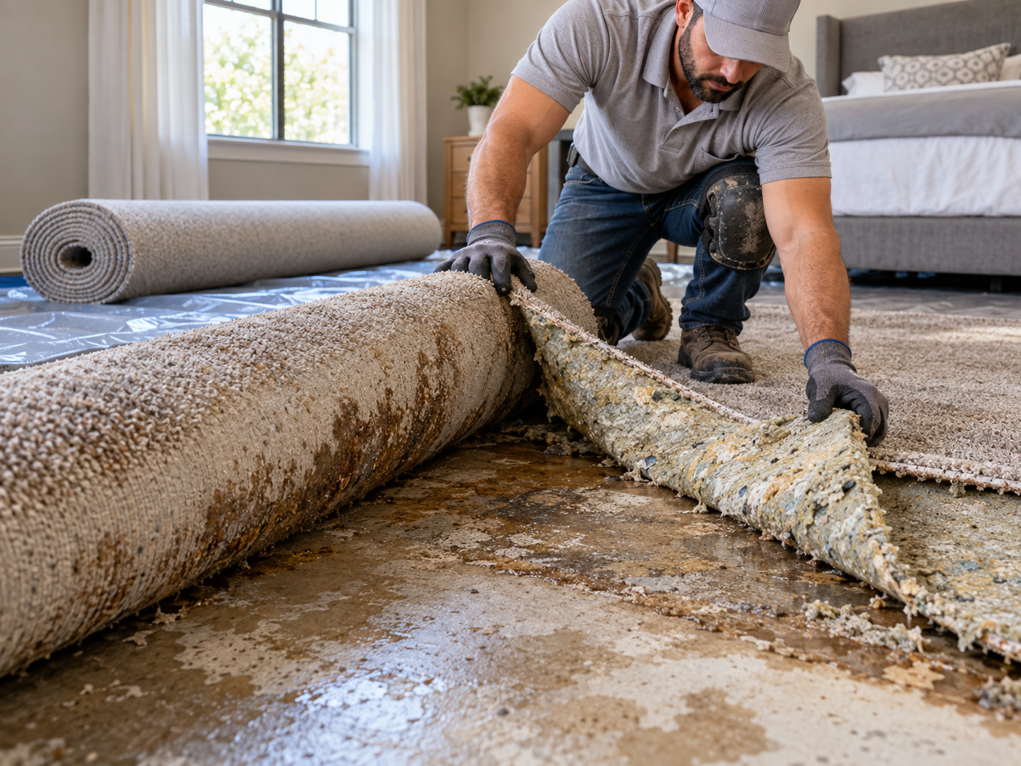Technician peeling back water-damaged carpet and soaked padding from subfloor