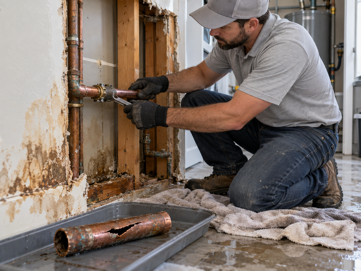 Technician repairing leaking copper water line inside damaged residential wall