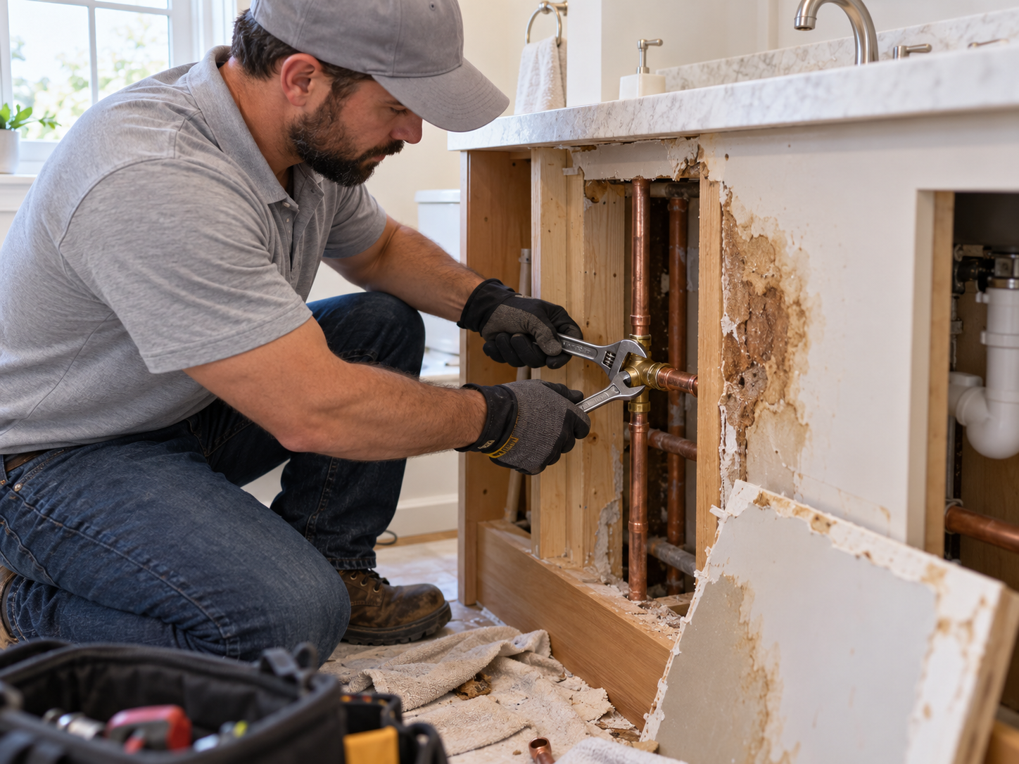 Technician repairing copper plumbing inside a water-damaged cabinet wall