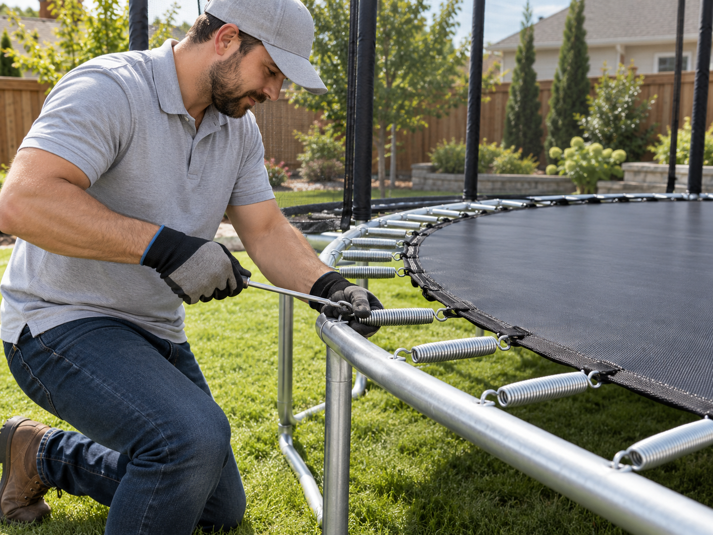 Technician using spring pull tool to assemble backyard trampoline springs