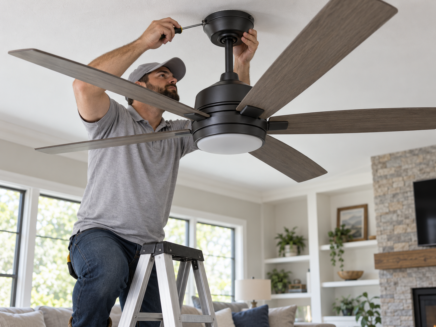 Technician securing and mounting a modern ceiling fan with light fixture