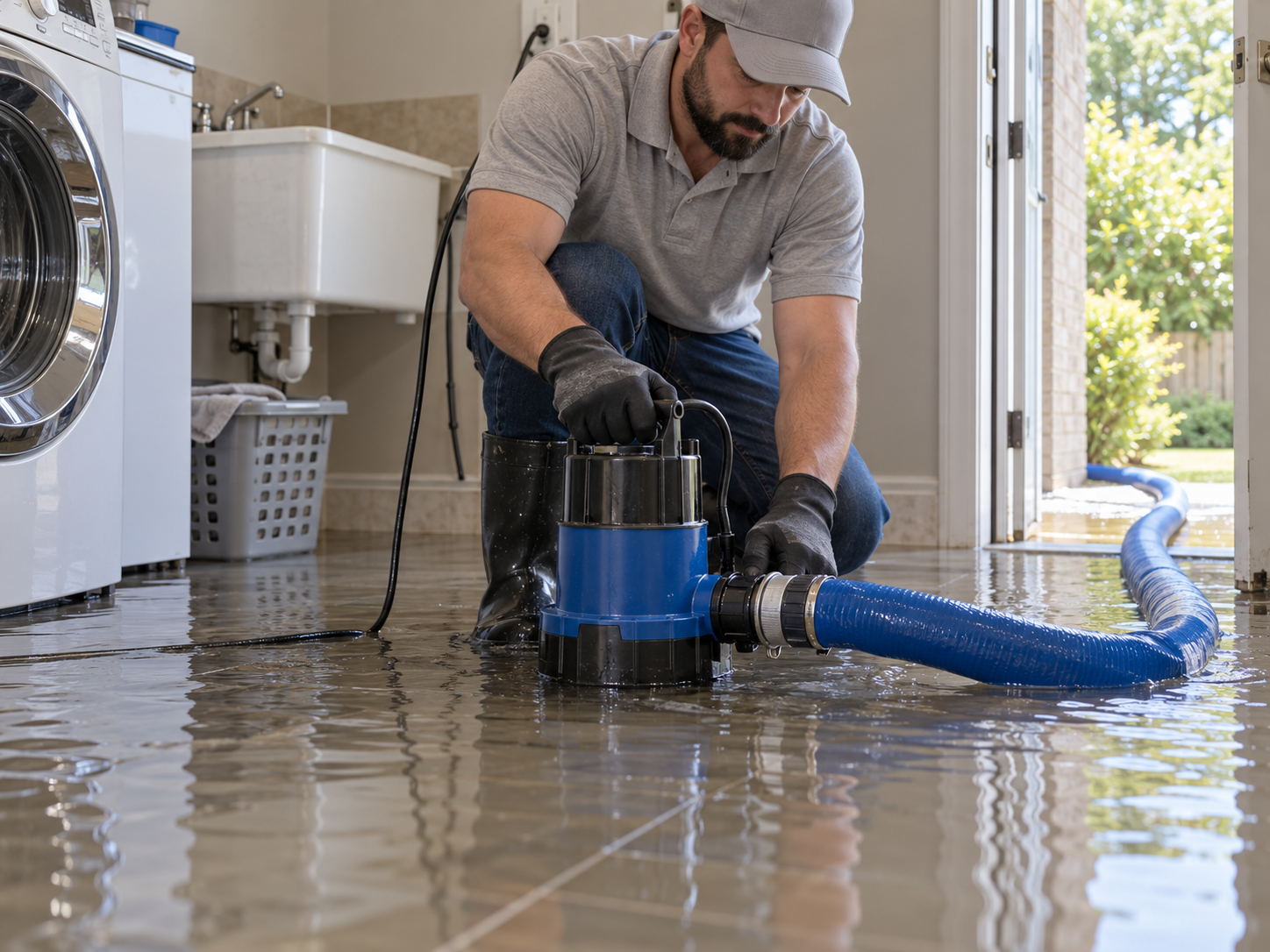 Technician placing a submersible water removal pump and hose on a flooded floor