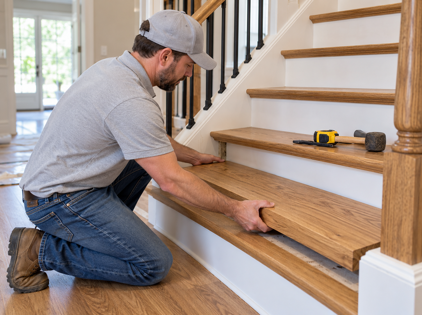 Technician fitting a replacement wood stair tread during staircase repair