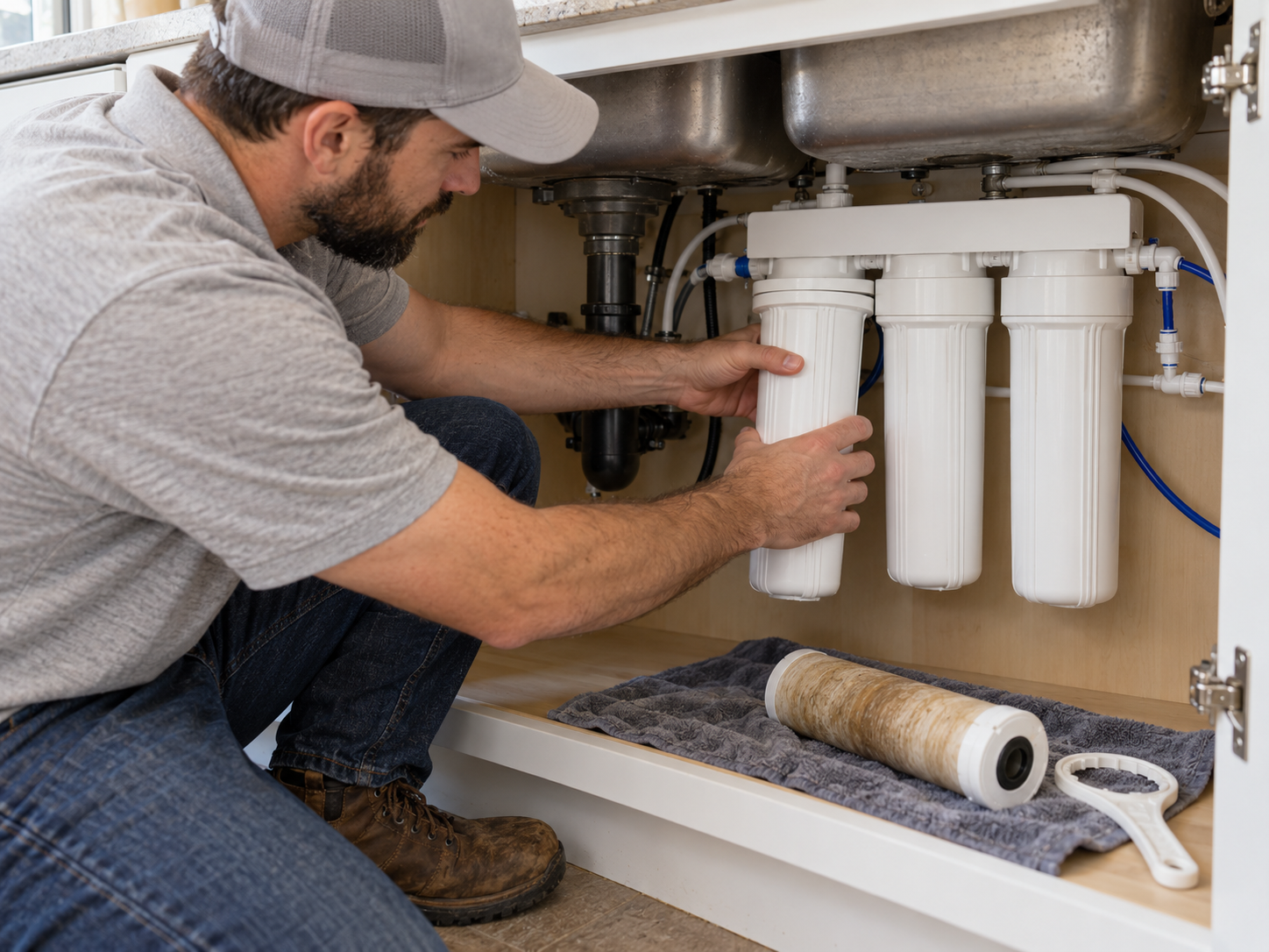 Technician replacing multi-stage under-sink water filtration cartridges