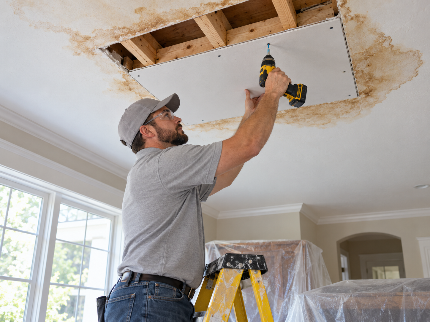 Technician securing a replacement drywall panel under a water-stained ceiling