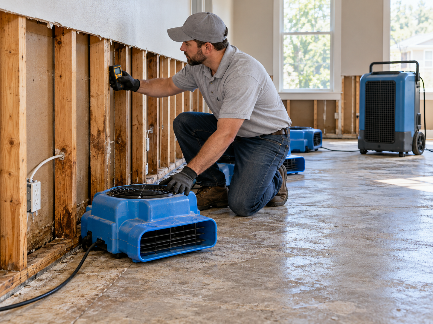 Technician testing stud moisture levels during structural drying with air movers
