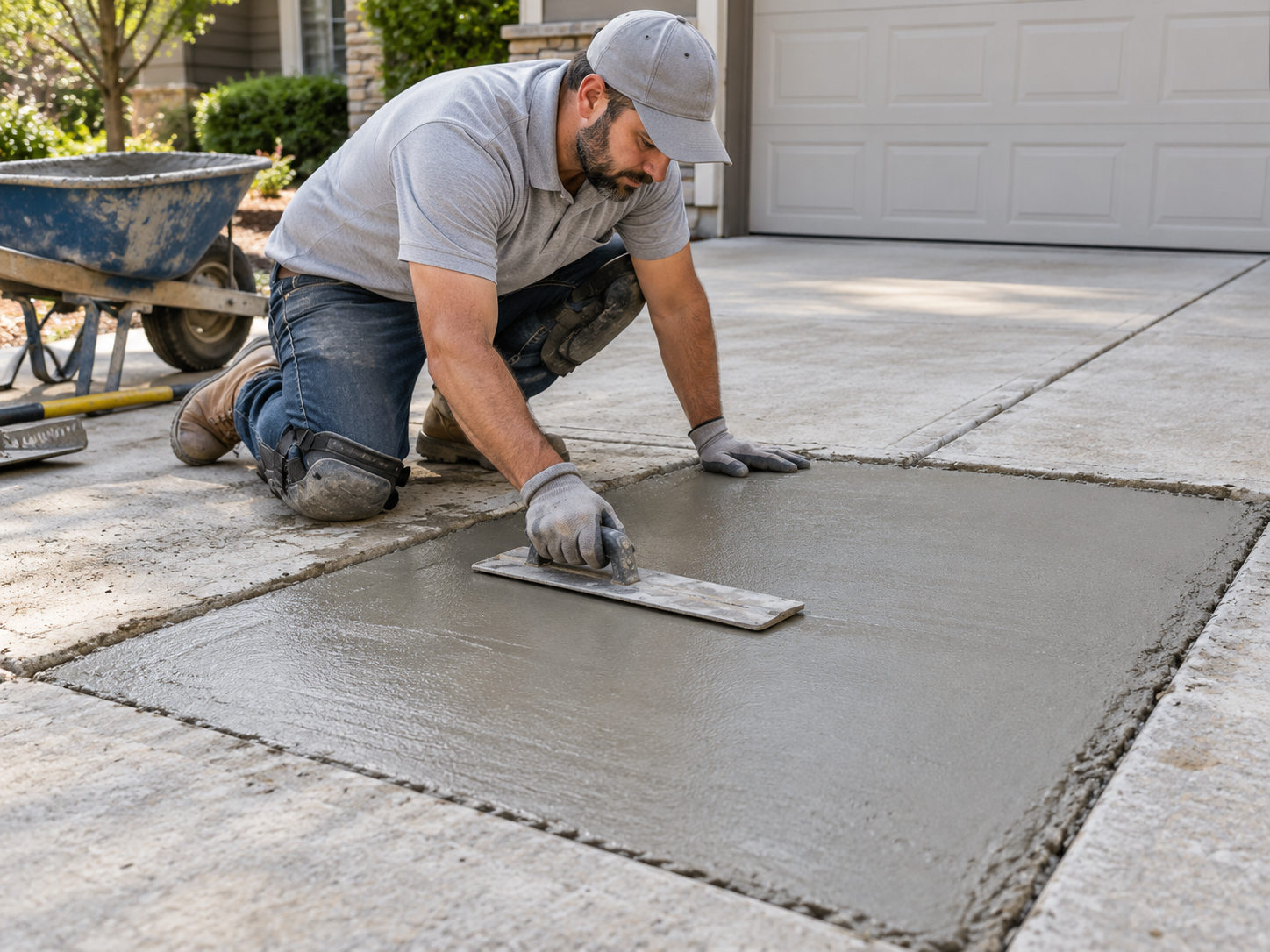 Technician finishing repaired driveway slab patch with a smooth hand float