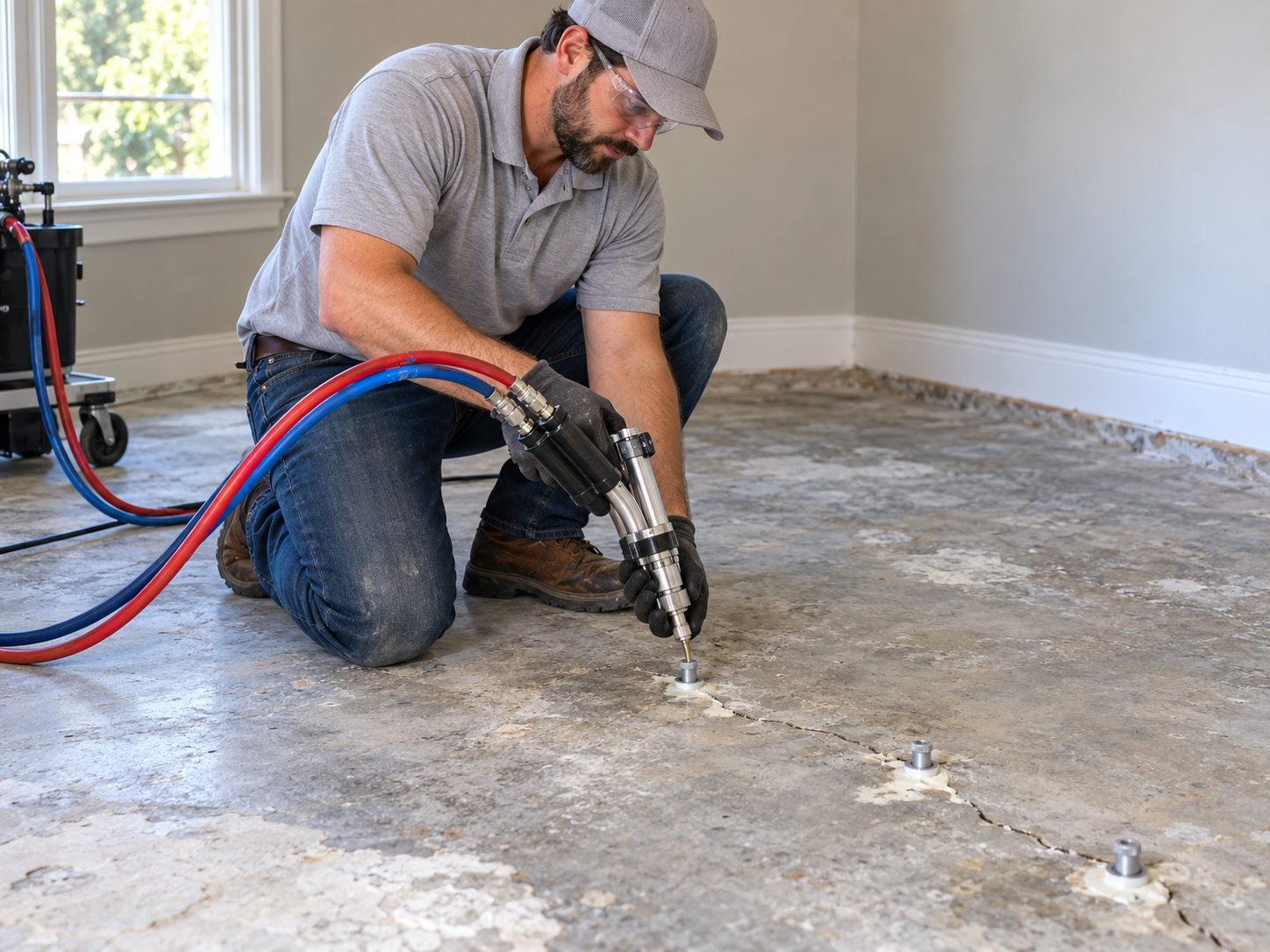 Technician injecting polyurethane foam ports into residential concrete slab foundation