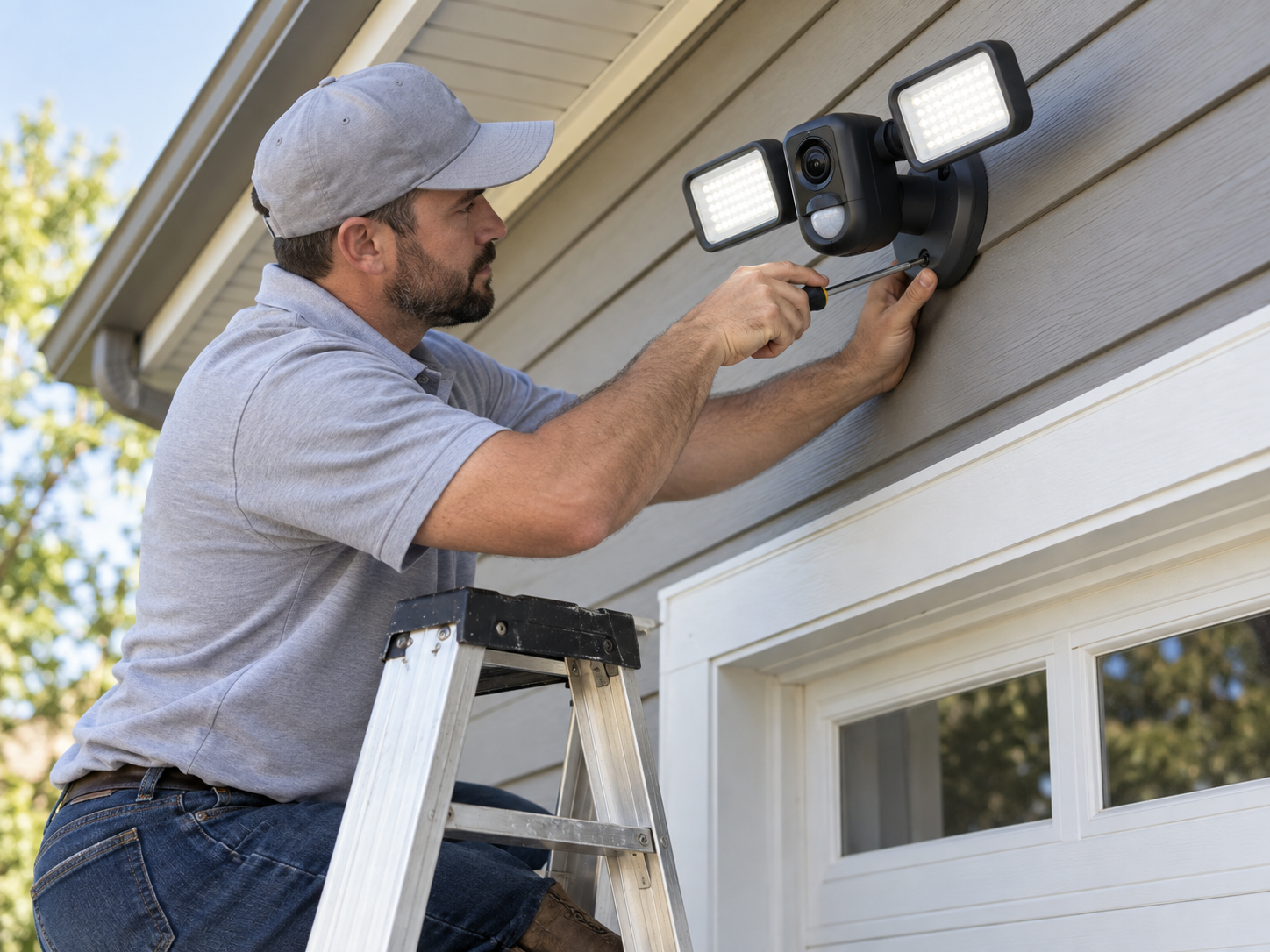 Technician mounting an outdoor smart dual-floodlight security camera above a garage