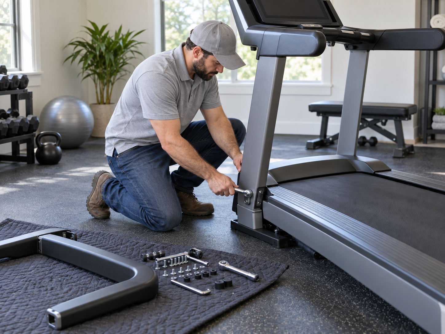 Technician assembling a motorized treadmill frame with socket wrench