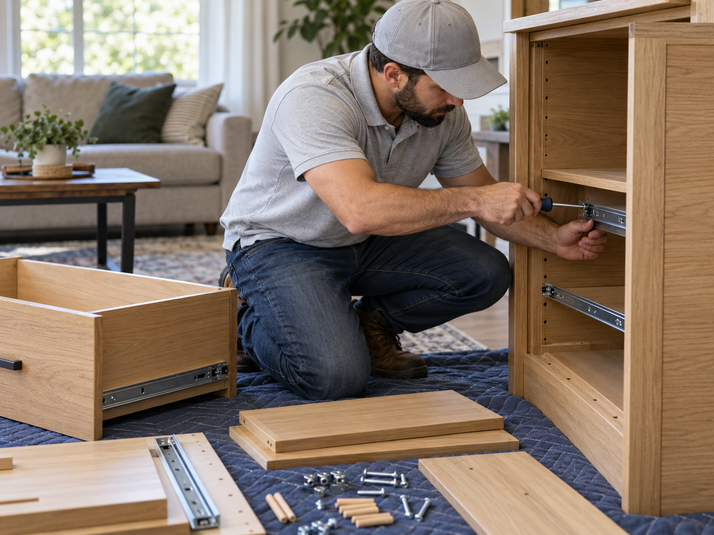 Technician assembling a wooden cabinet drawer system with hand tools