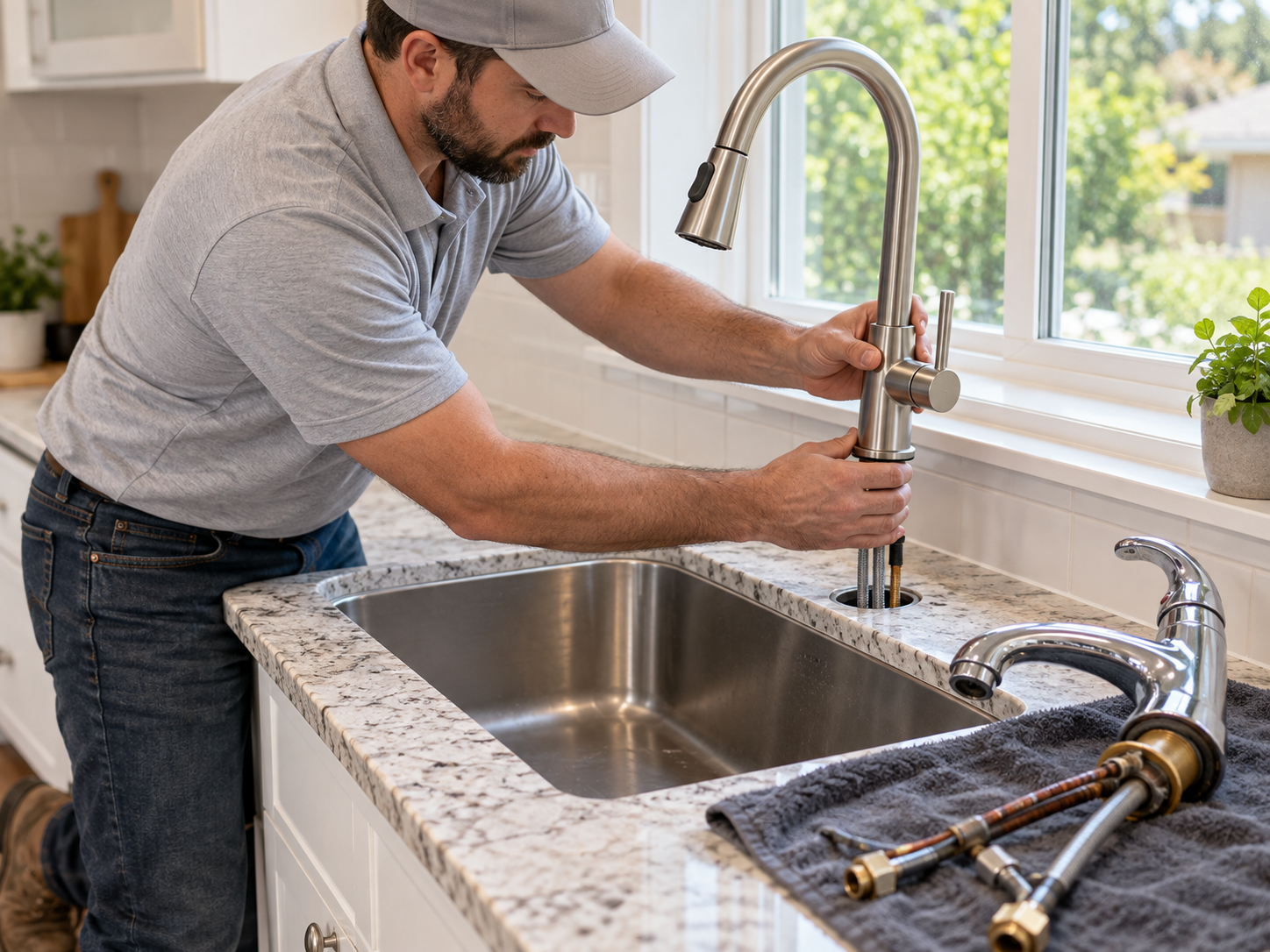 Technician fitting and installing a modern kitchen faucet