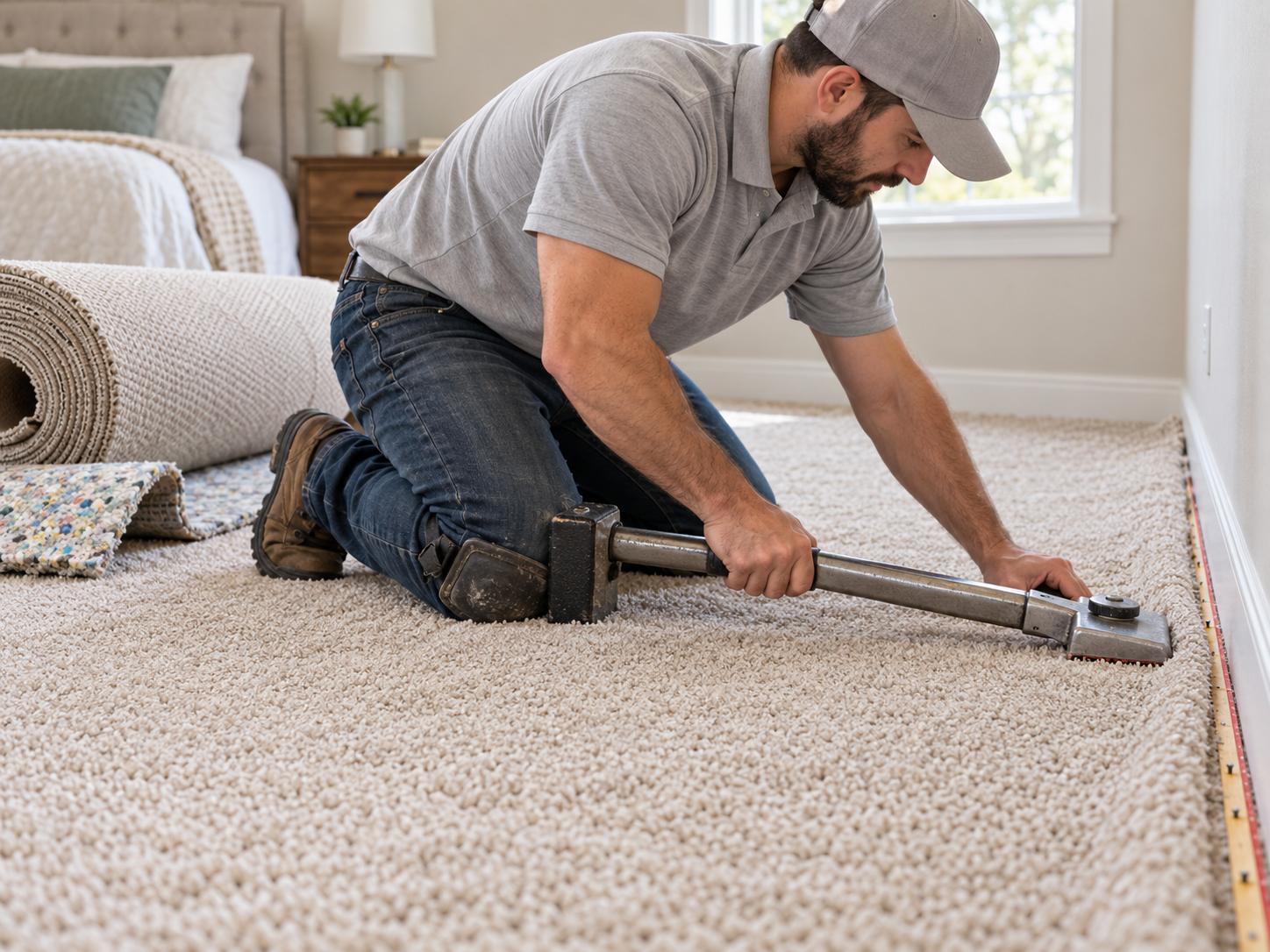 Technician stretching and installing residential carpet with knee kicker