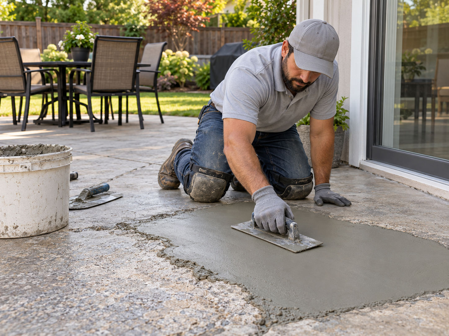 Technician smoothing fresh repair mortar over cracked backyard patio concrete