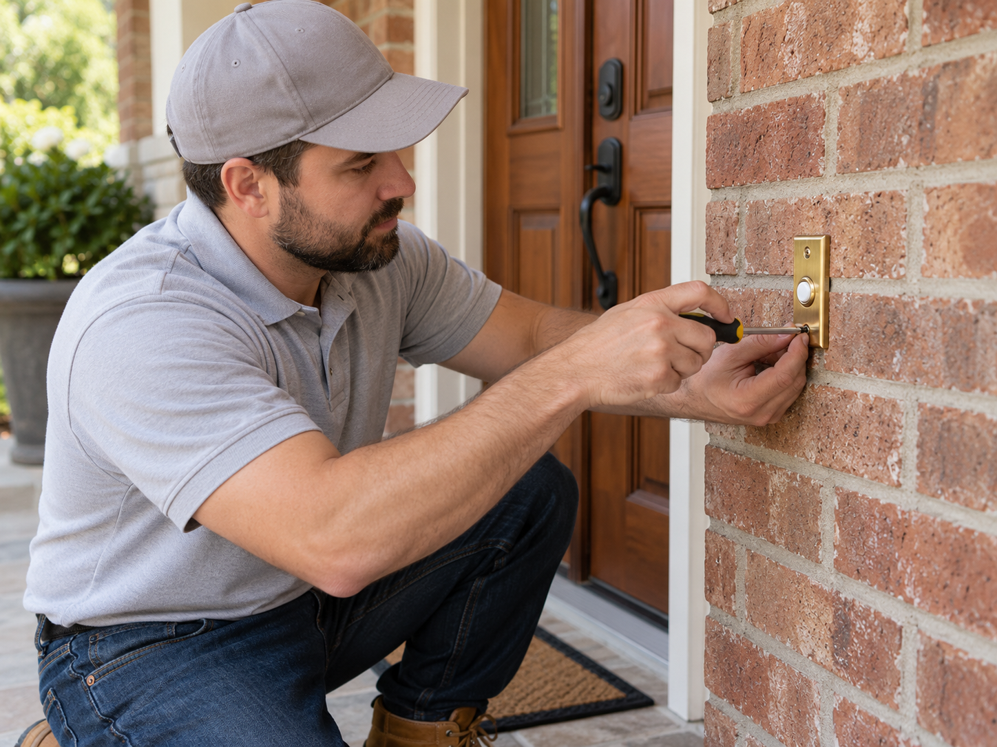 Technician installing a classic brass push-button doorbell on an exterior brick wall