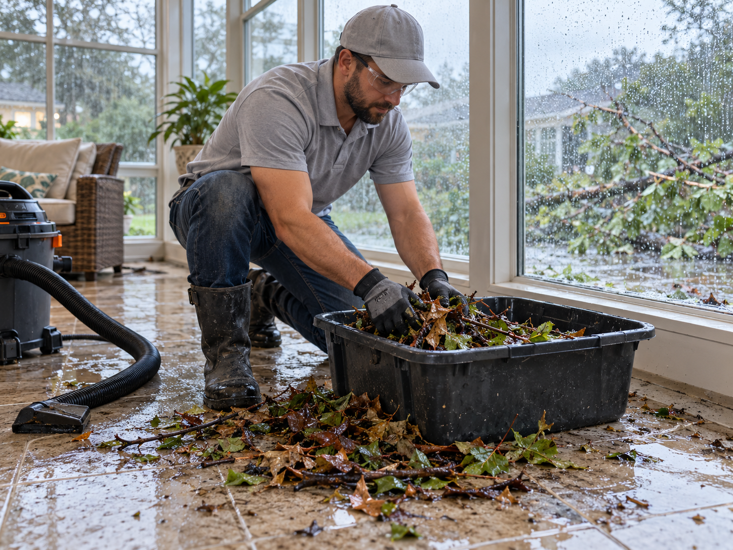 Technician clearing storm flood debris and standing water on residential patio floor