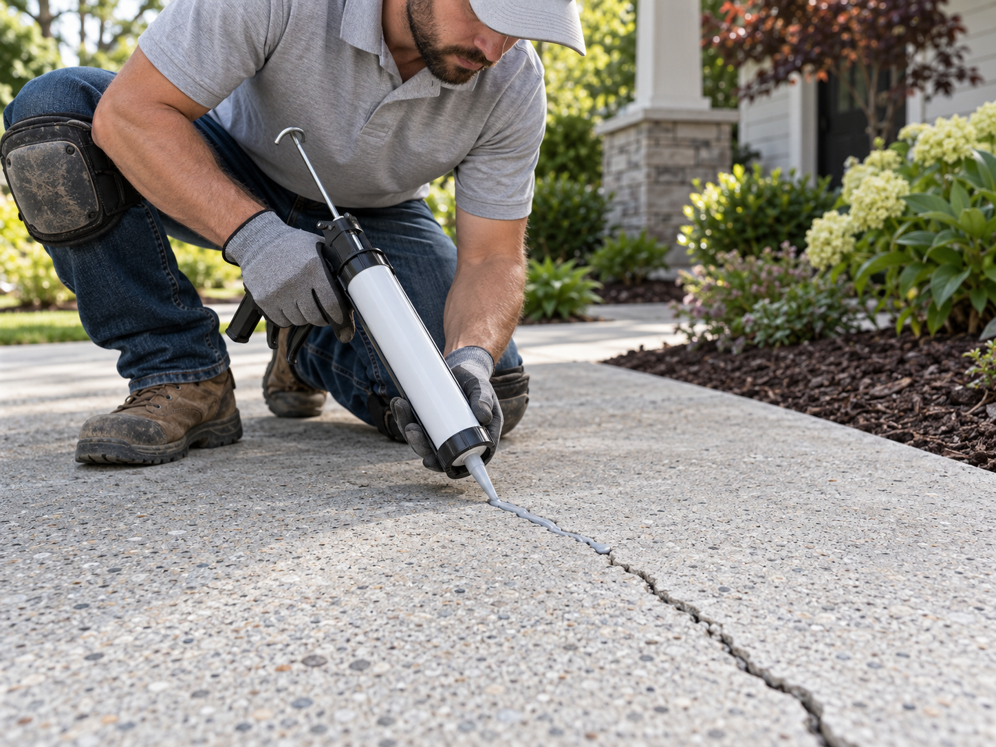 Technician applying flexible polyurethane sealant into concrete surface crack