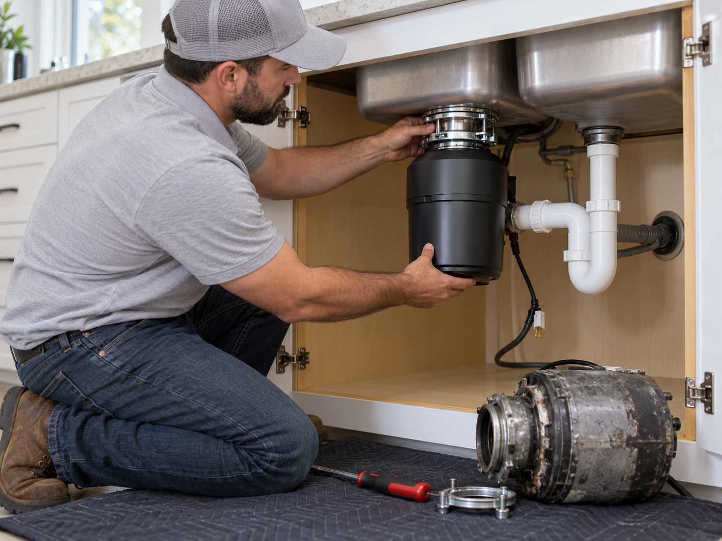 Technician installing replacement garbage disposal beneath a kitchen sink