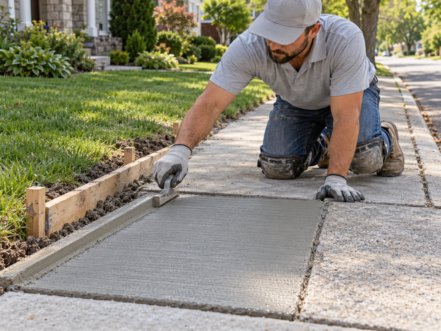 Technician troweling a newly formed concrete sidewalk replacement slab along residential lawn