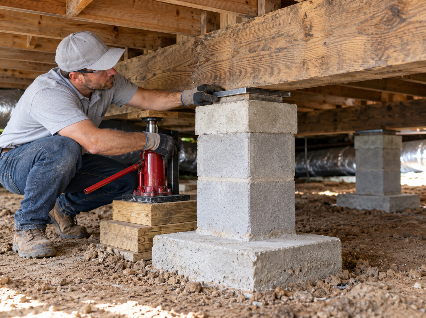 Technician installing pier support block and hydraulic jack under residential wood beam foundation
