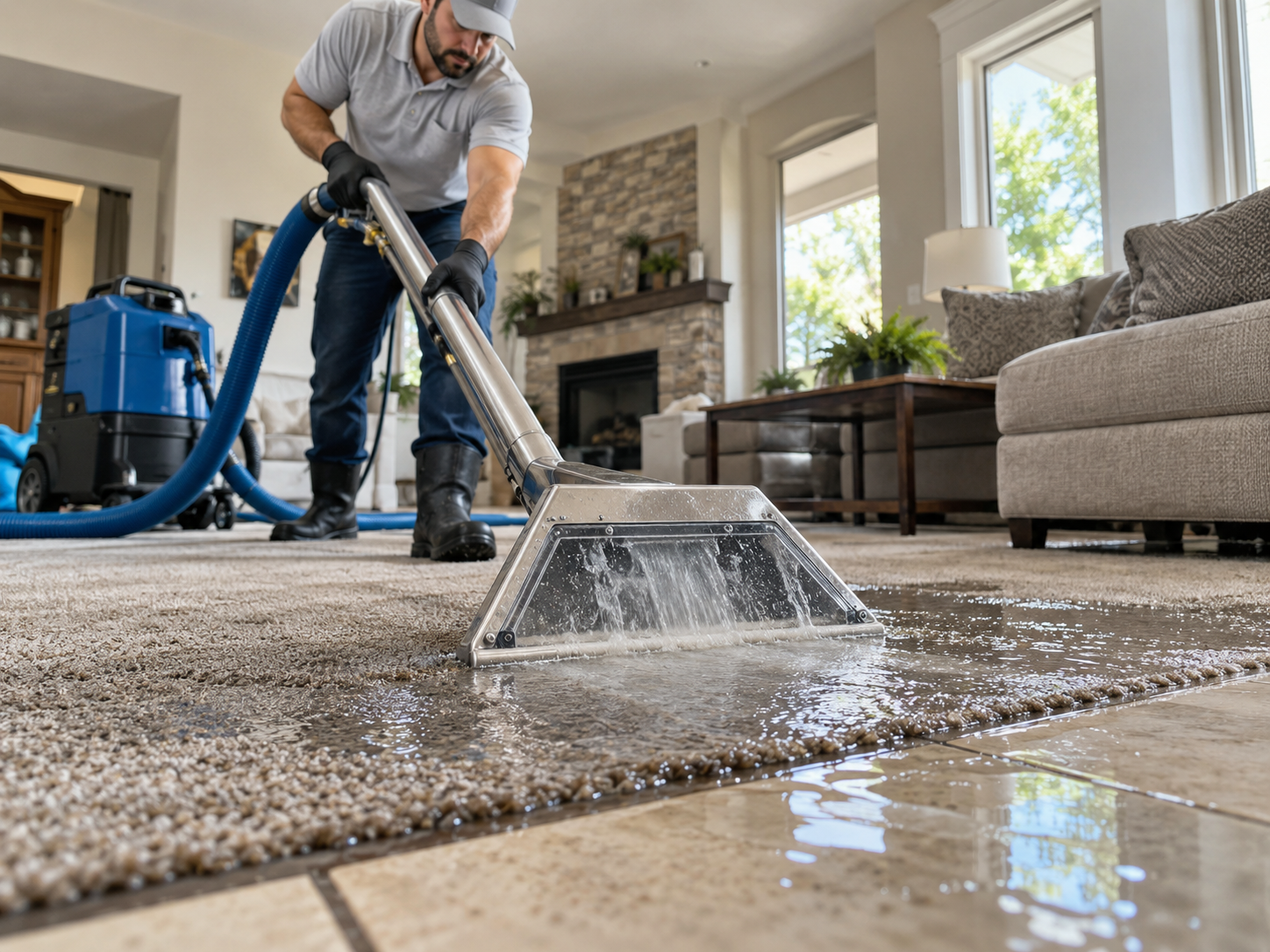 Technician operating a commercial extraction wand pulling water from carpet