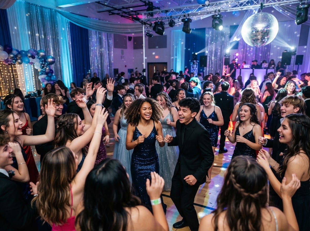 Students dancing under colorful lighting at an energetic school dance