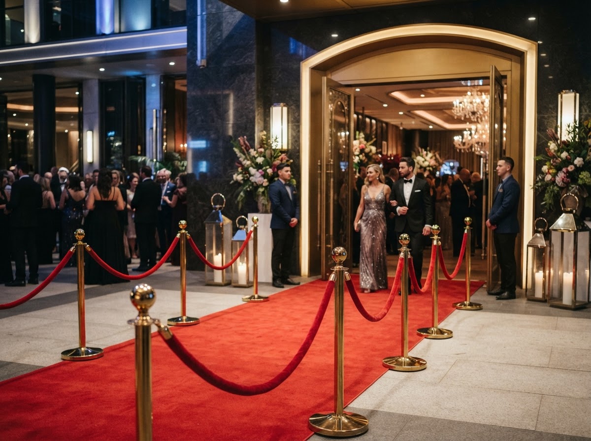 Red carpet runway entrance with velvet ropes at an upscale event