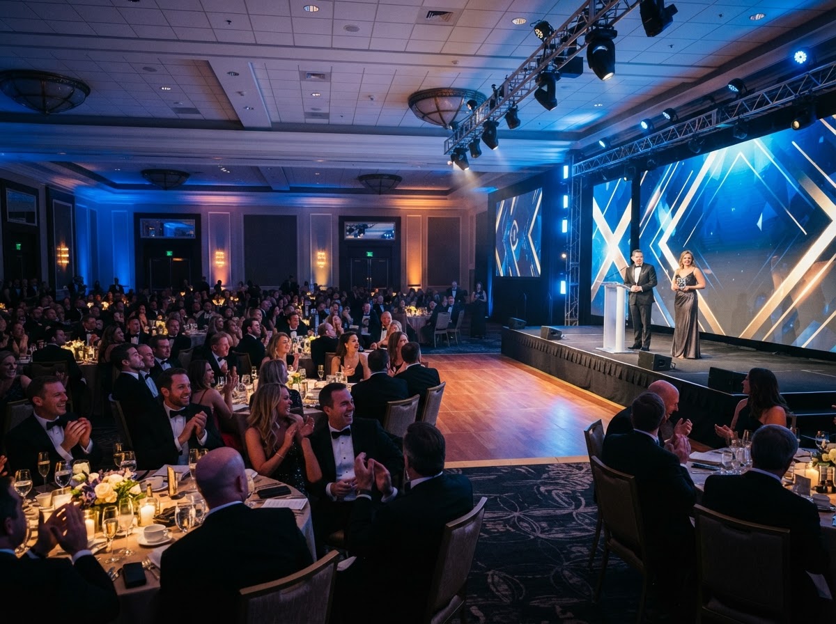 Upscale corporate gala with stage lighting, LED video wall, and professional AV production