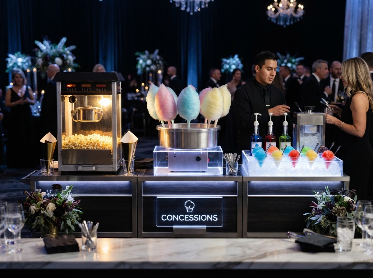 Elegant event concession station with popcorn, cotton candy, and snow cones