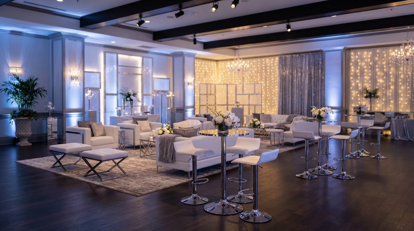Modern lounge furniture and cocktail tables at an upscale event