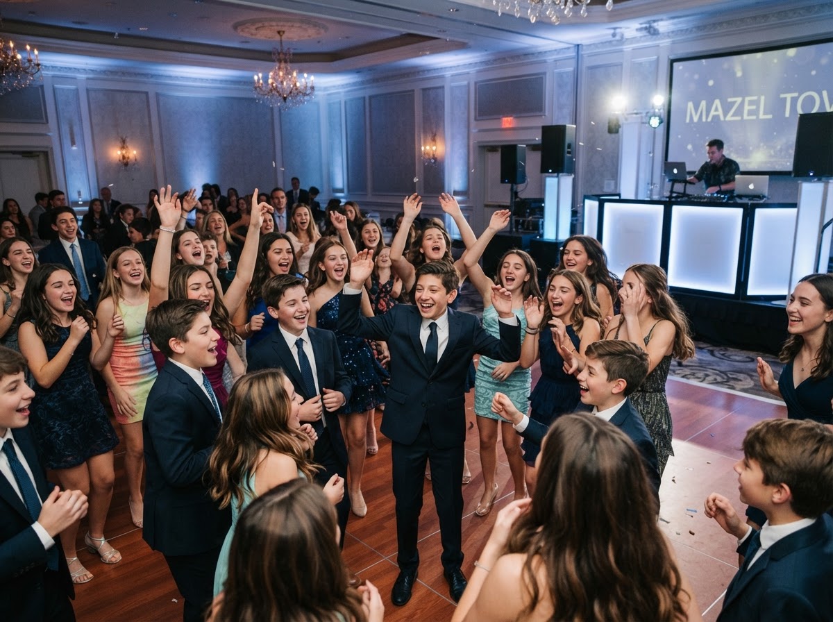 Teens and families celebrating on the dance floor at a Bar Mitzvah
