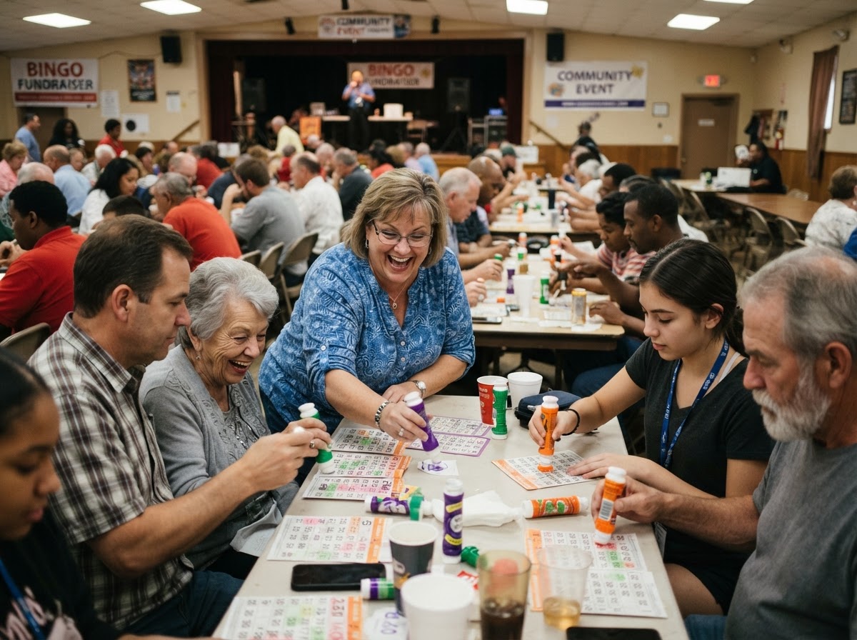 Guests of all ages playing traditional Bingo with paper cards and dabbers at a community event
