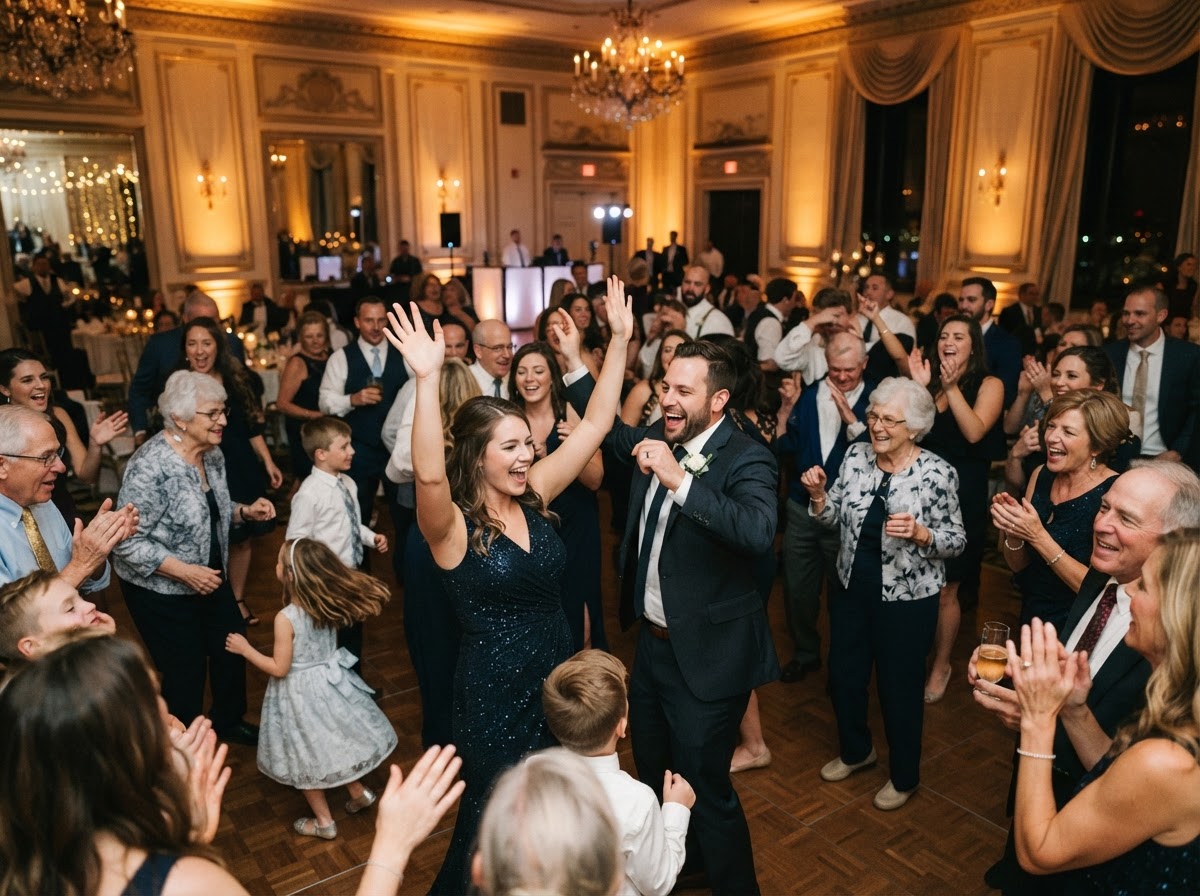 Guests dancing and celebrating on a lively wedding reception dance floor